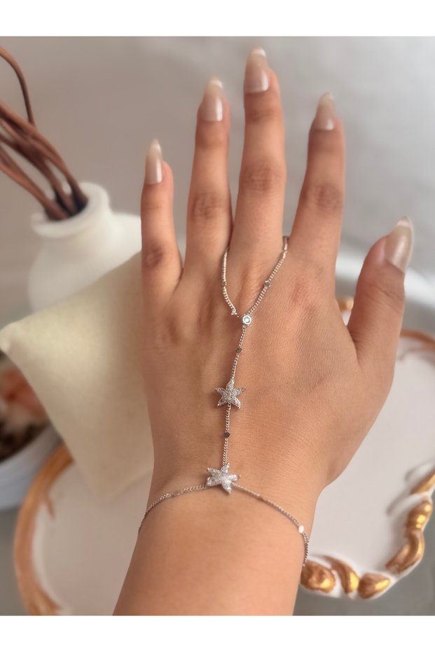 Silver Color Women's Shameran Steel Bracelet with Star Detail and Zircon Stones
