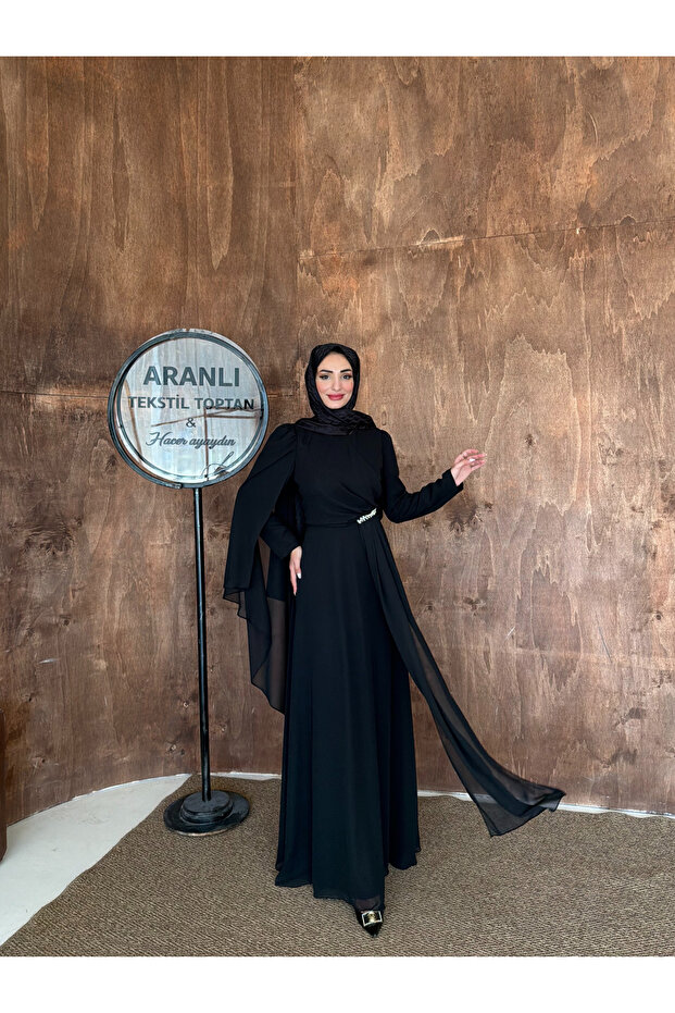 Mine Chiffon One-Shoulder Cape Women's Hijab Evening Dress