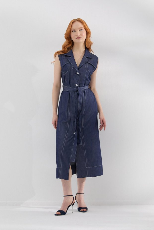 Pocket Detailed Tencel Denim Dress Indigo