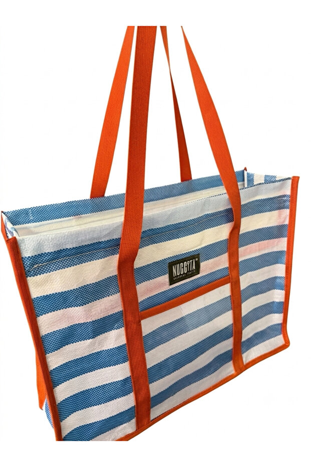 Large Size Waterproof Pilsa Beach Shoulder Bag - Blue-White Striped (Orange Piping)