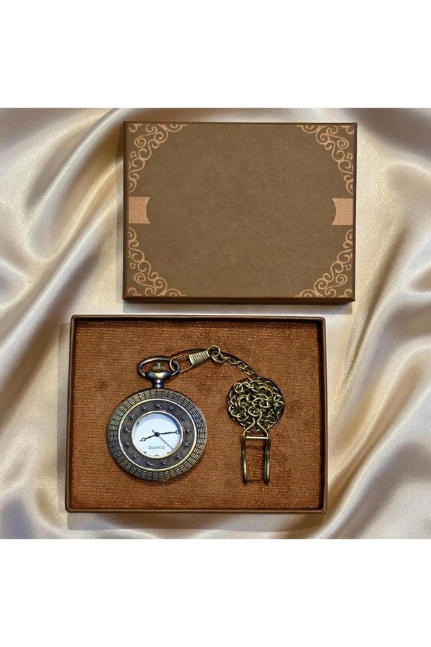 Star Motif Metal Chain Pocket Watch - Antique Bronze Design - with Special Box