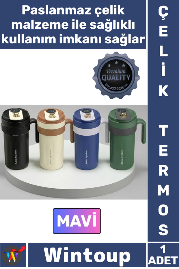 # Thermos Luxury Heat and Cold Insulated Leak-Proof Smart Flask with Digital Display and Handle Blue Steel Thermos