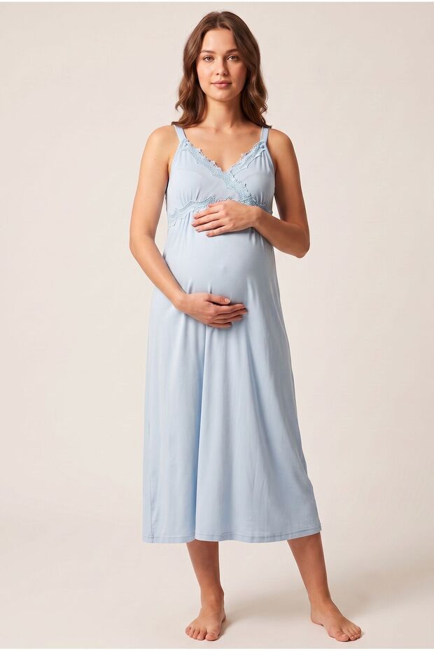 Women's Blue Lace New Season Maternity Nightgown Set with Breastfeeding Features