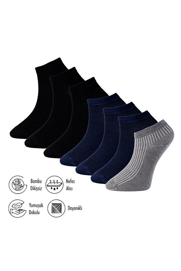 Pure Bamboo Summer Men's Booties Flat Short Black - Navy Blue - Gray Socks Seamless Premium Gift Boxed 7-Piece Softaura Series L5952Aznp