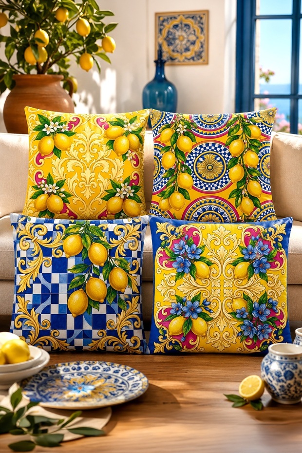 Classic Lemon Design Patterned 4-Piece Throw Pillow Cover Set