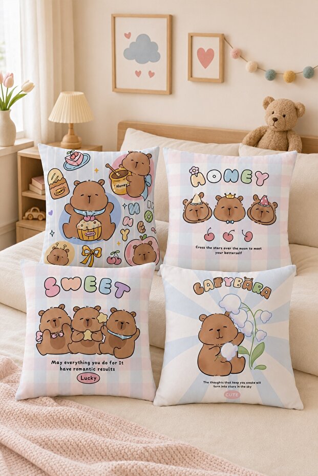 Honey-Eating Capybara Patterned 4-Piece Children's and Baby Pillowcase Set