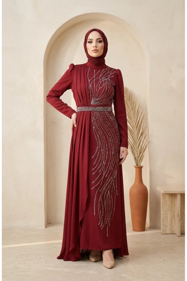Satin Stone Hijab Evening Dress 5724-01 Burgundy