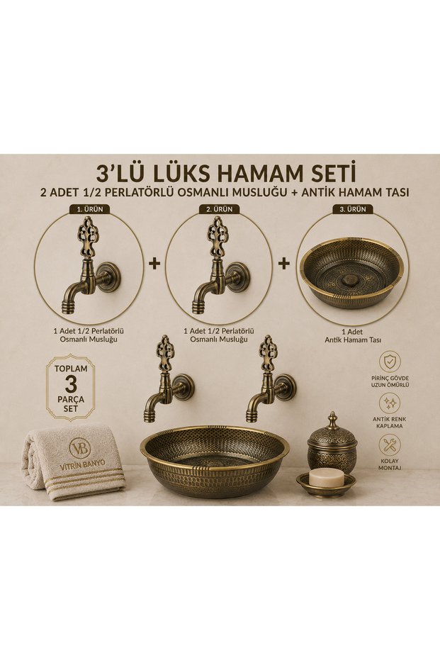 2 Pieces of 1/2 Perlatör Ottoman Faucet Antique + Antique Bath Stone Set of 3 Brass Body Kurna Bath Faucet