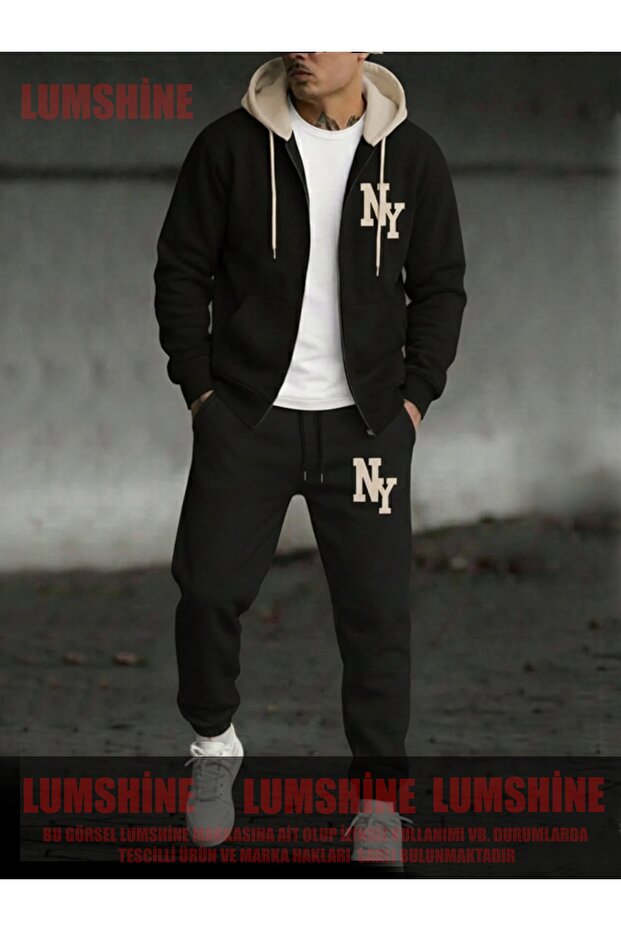 New York Printed Winter Fleece-Lined Premium 3-Thread Combed Cotton Fabric Hooded and Sweatpants 2-Piece Tracksuit Set