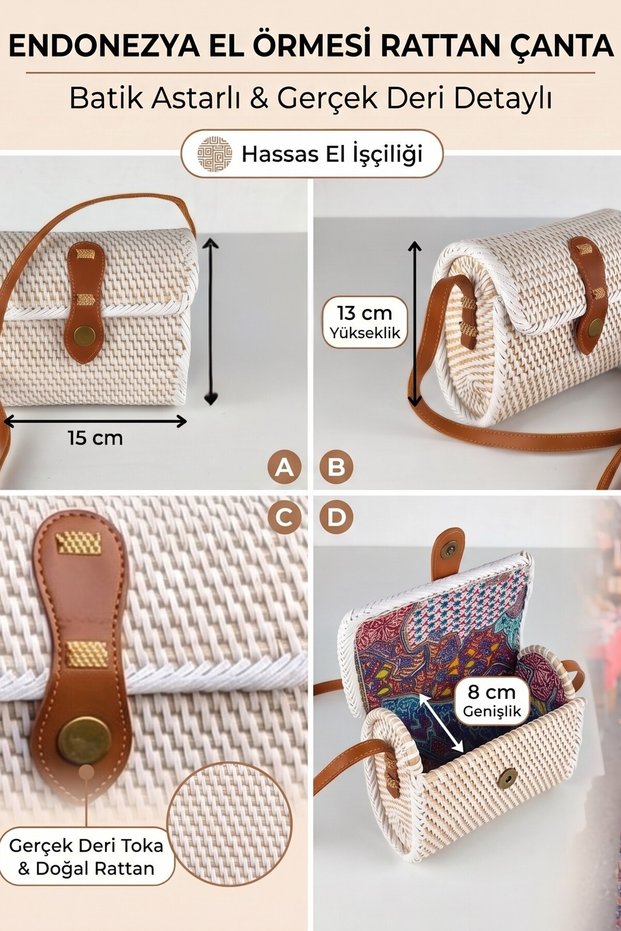 Indonesian Handwoven Genuine Rattan Straw Shoulder Bag – Crossbody Bag for Kids & Women with Batik Lining and Real Leather Detail