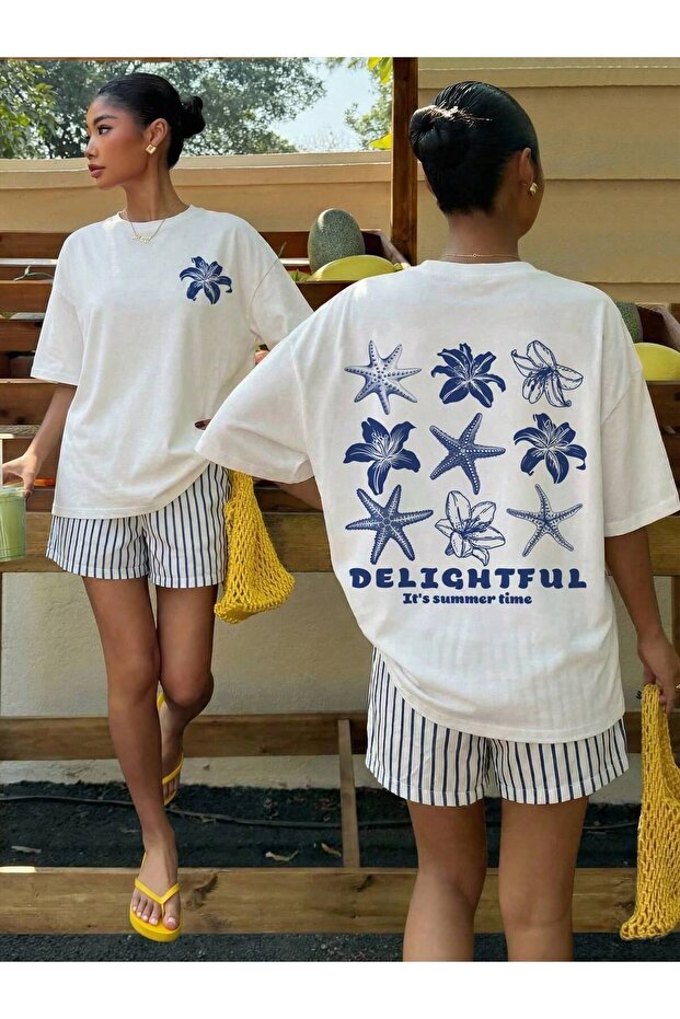 Women's Delightful It's Summer Time Sea Star Patterned Front and Back Printed T-Shirt
