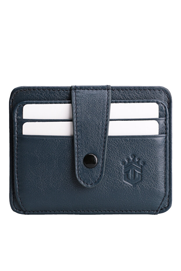 Genuine Leather Card Holder with Snap Fastener and Money Compartment - Navy Blue - 26209