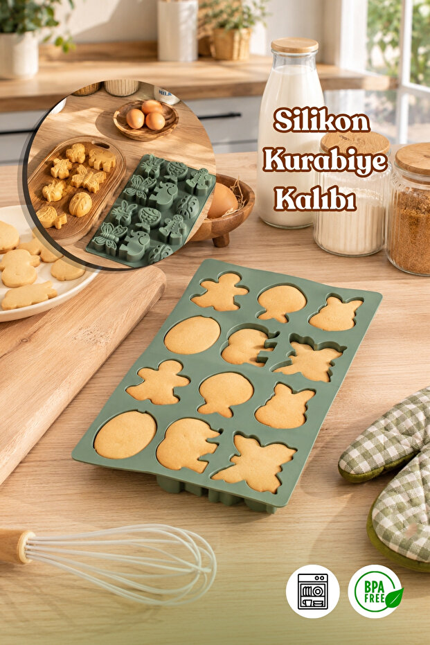 30011-70 Silicone 9-Piece Cheerful Cookie Mold Green 19.5*34cm