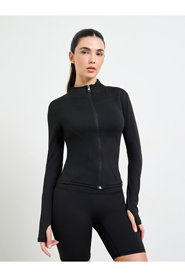 Black Basic Thumbhole Detail Zip Up Jacket