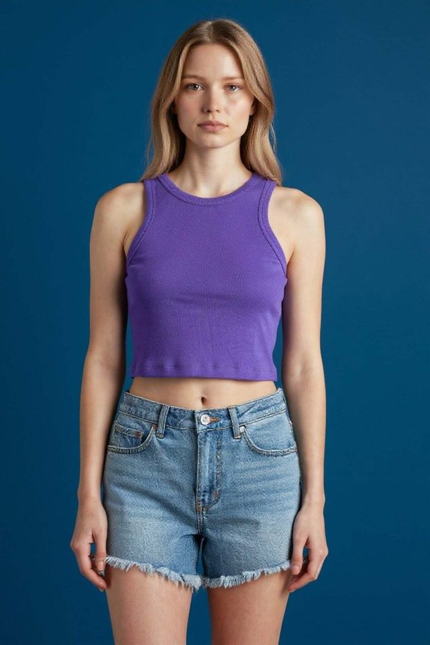 Women's Kaşkorşe Crew Neck Purple Sports Crop Athlete T-Shirt - 2001
