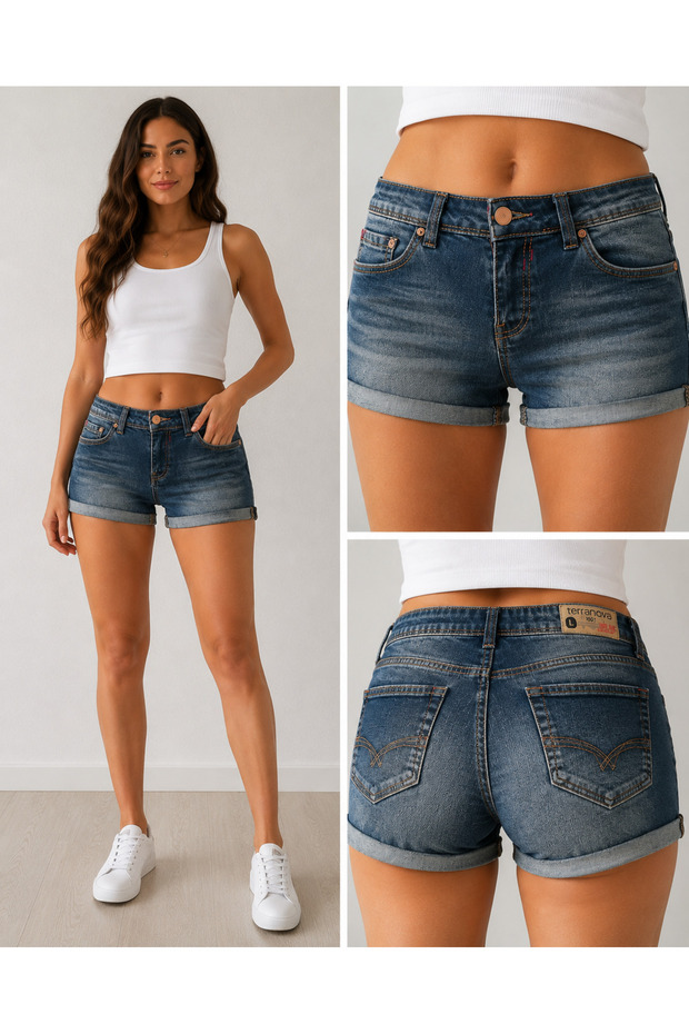 Women's Blue Denim Shorts - Size L - Mid Rise Rolled Hem