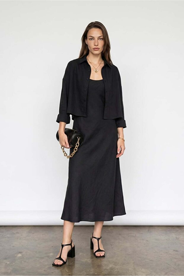 51153Modal Shirt Dress Suit Black