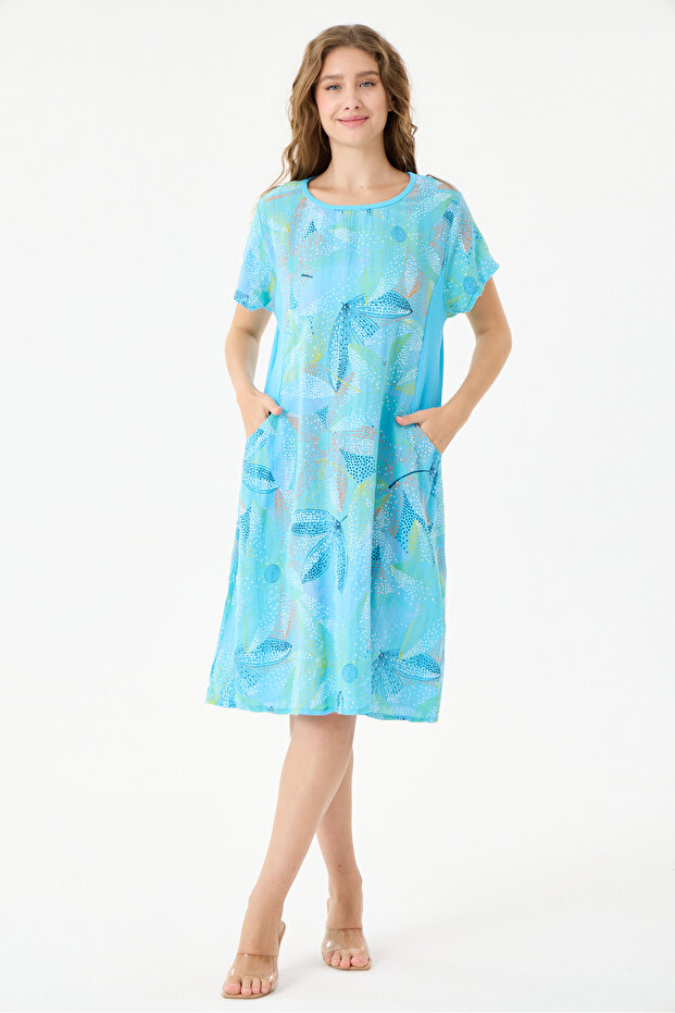 Turquoise Italian Floral Patterned Double Side Pocket Dress 38 - 44 Size
