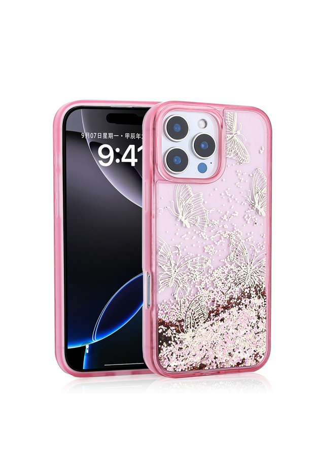 iPhone 16 Pro Max Case Butterfly Pattern Glittery Liquid Camera Raised Silicone Omsy