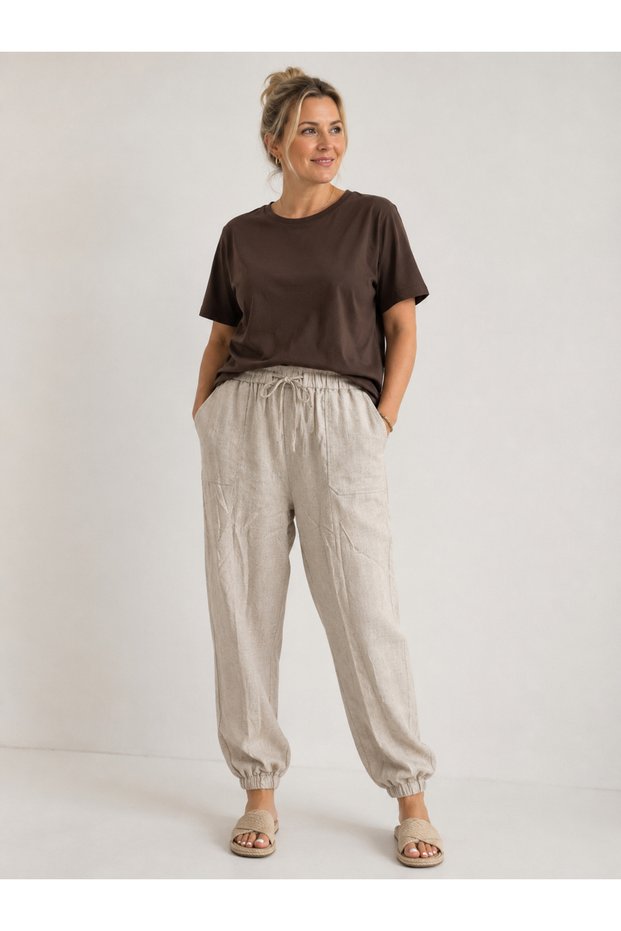 55% Linen 45% Lyosell Loose Trousers with External Pockets and Elasticated Feet and Waist