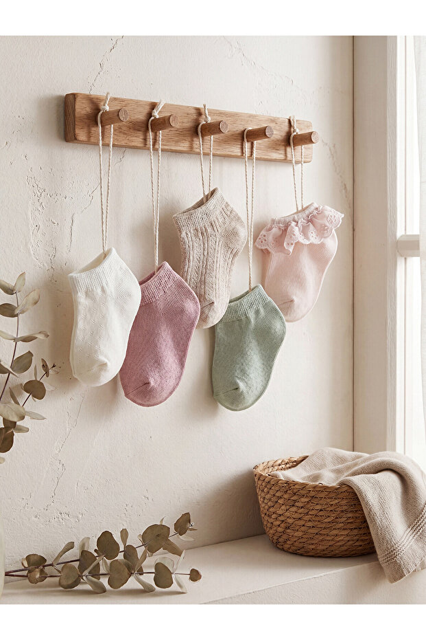 Two Mt Shop Quality Lcw Baby Pink Patterned Baby Girl Booties Socks 5-Pack