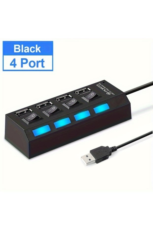 4 Port Black USB 2.0 Hub 4/7 Port Splitter Power Adapter With ON/OFF Switch Multiple Expander HUB Fo