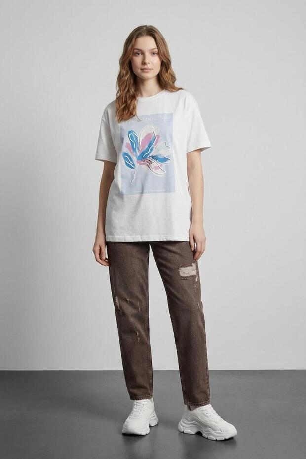 24Y180223 Γυναικείο T-Shirt με λεπτομέρεια εκτύπωσης