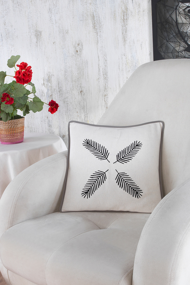 Buldan Stone Print Anthracite Leaf Patterned Throw Pillow Cover