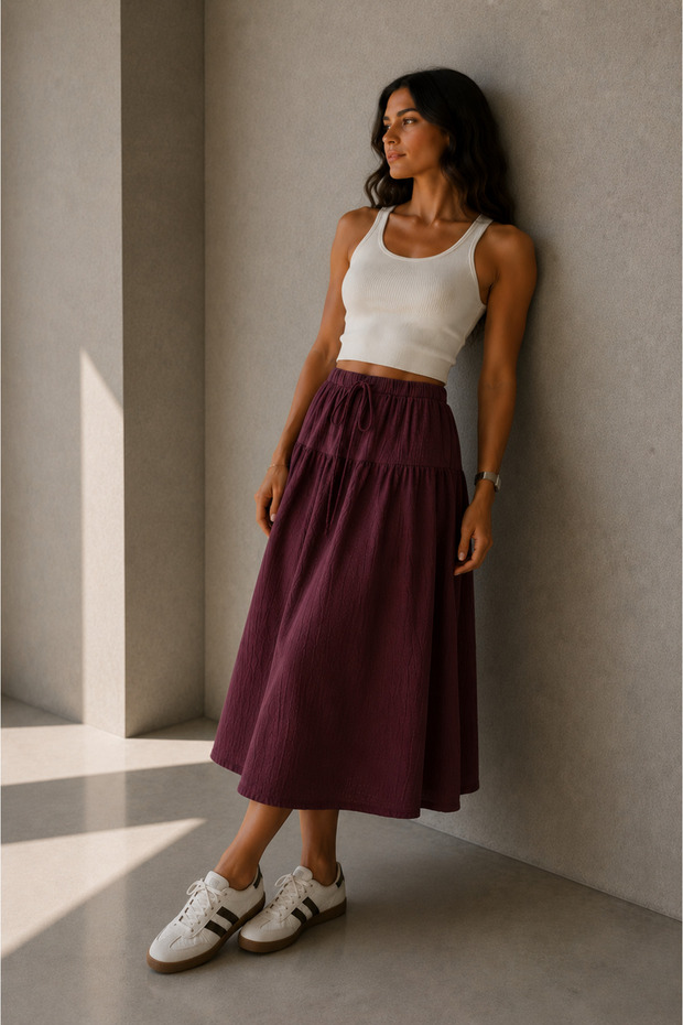 Women's Plum A-Line Muslin Midi Skirt