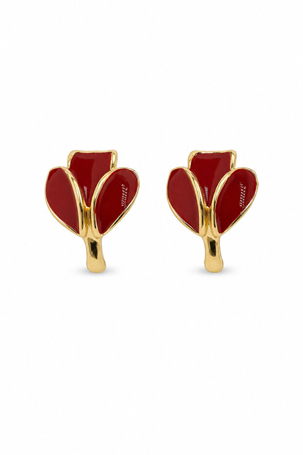 Yellow Tone Bijouterie Earrings with Red Tulip Design
