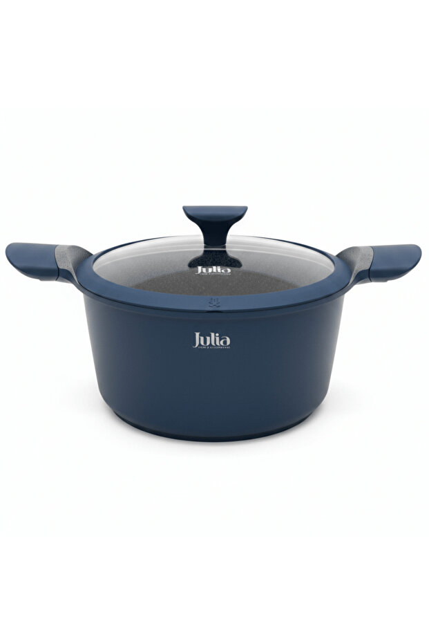 Blue Casserole with Glass Lid - Non-Stick Grey Marble Coating - 28 cm