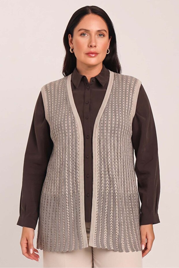 Women's Sand Silvery Knitwear Openwork Woven Seasonal Vest