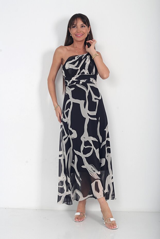 Women's Helen One Shoulder Buckle Detailed Lined Abstract Pattern Long Chiffon Dress