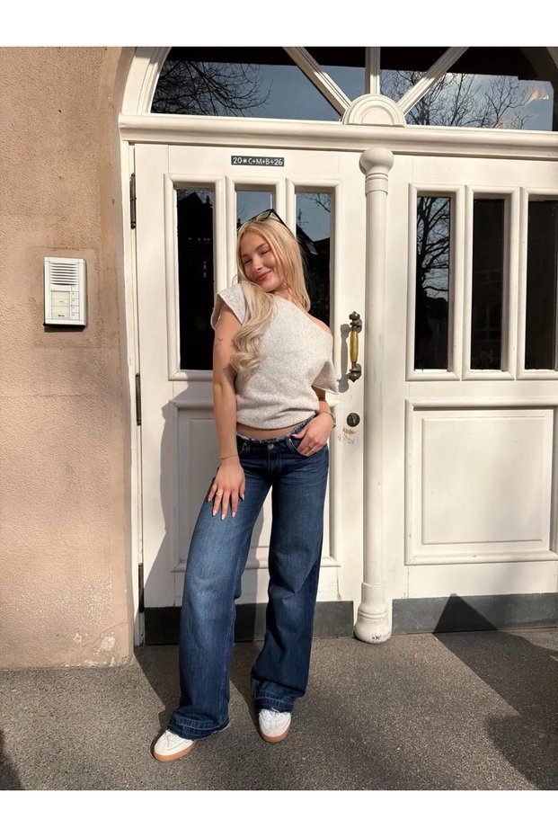 Women's Baggy Low Waist Tassel Detailed Wide Leg Dark Blue Jean Trousers