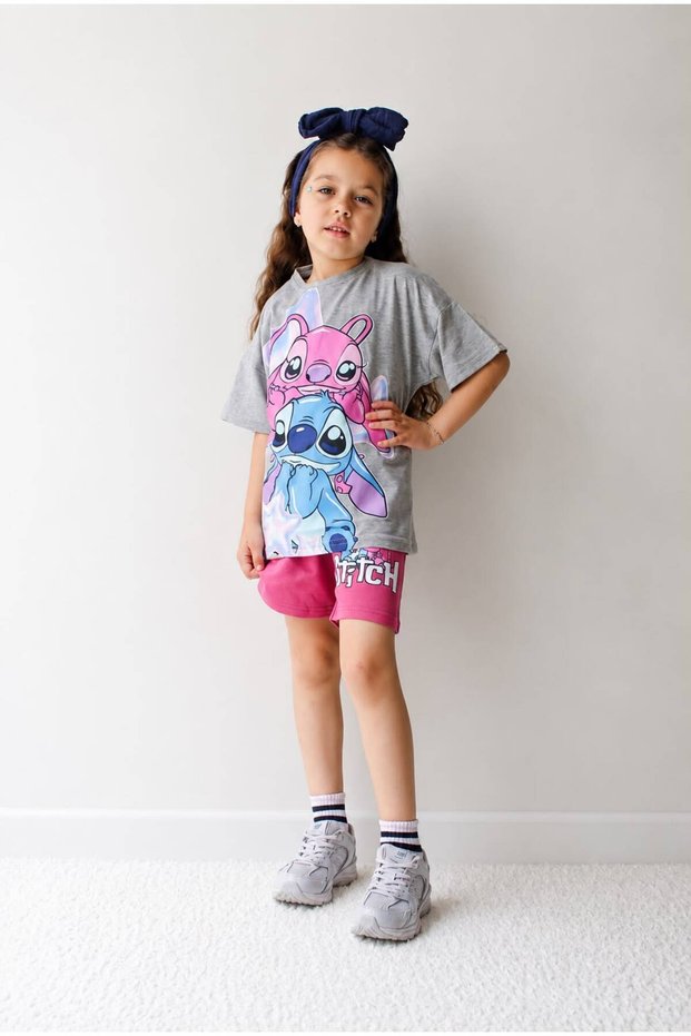 Stitch Printed Cotton Pink Shorts Girls' Set