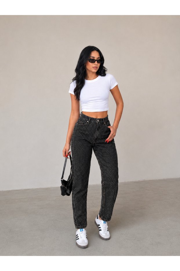 Mamaliga Women's Brown Stone Detailed Boyfriend Mom Jeans Denim Trousers