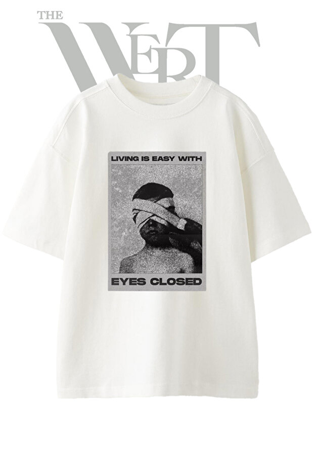 Blindfolded Eyes Closed Design Printed Unisex White Oversize T-Shirt