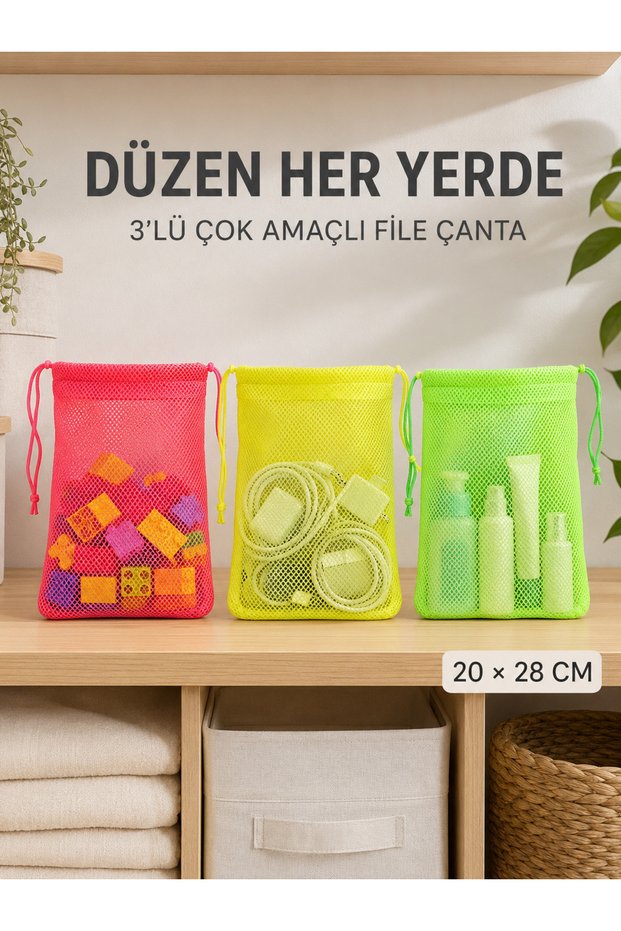 Multi-Purpose Mesh Storage Bag Set of 3, Colorful, 20X28 Cm, Organizer Bag