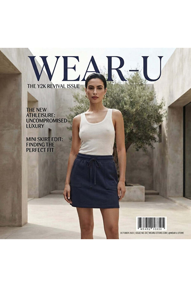 Navy Blue Jersey Mini Skirt with Drawstring Waist