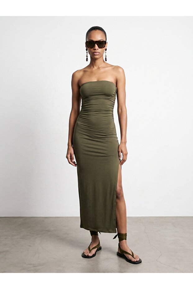 91640 Strapless Dress with Slit Detail - Khaki