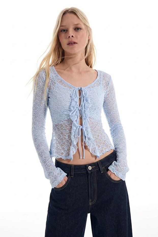 Women's Front Tie Lace Blue Stylish Blouse