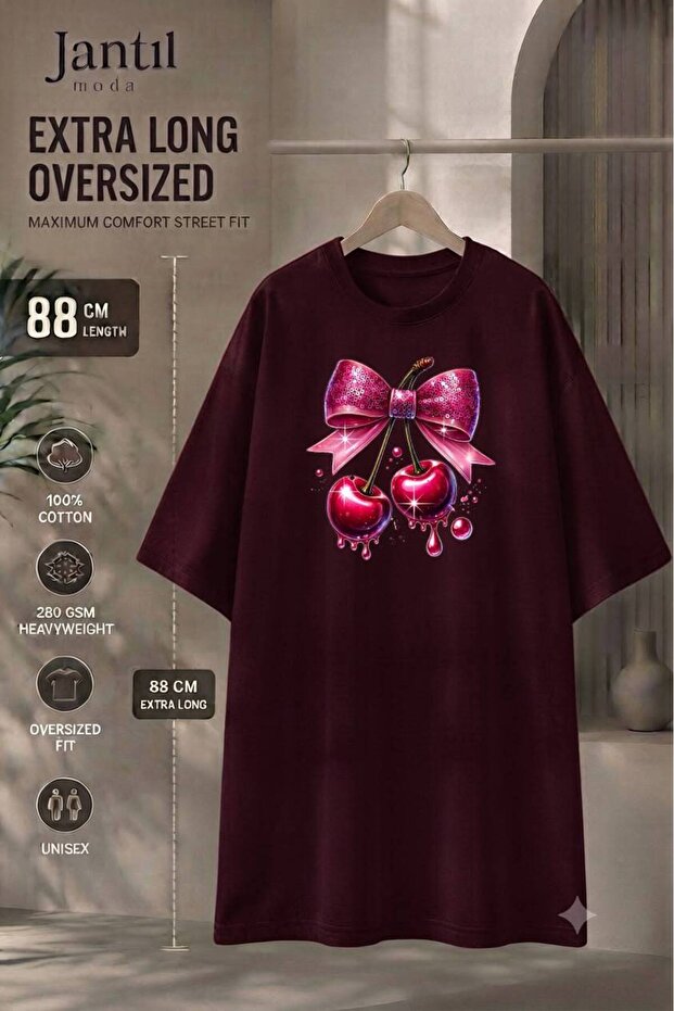 Crew Neck Bowknot Cherry Printed Extra Long Oversize Tunic T-Shirt Short Sleeve