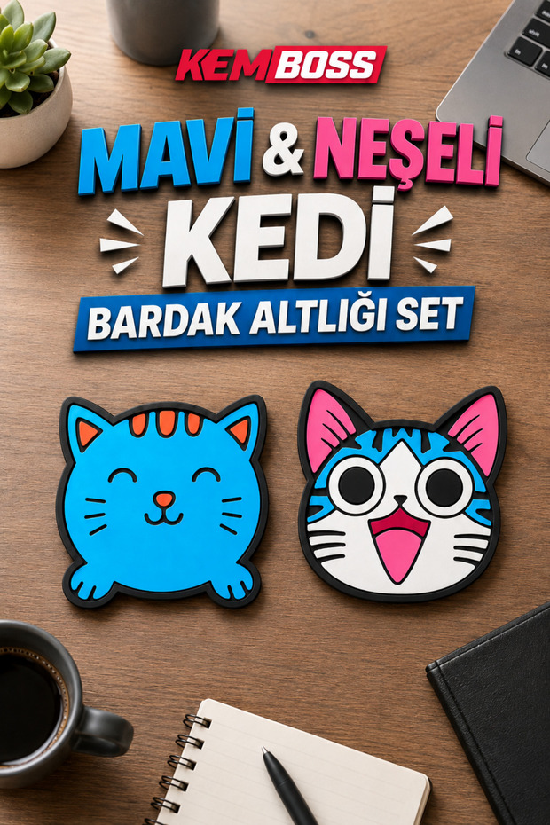 Blue Cat and Happy Cat Coaster Set of 4 - Pvc Non-Slip Coasters (2 Blue Cats + 2 Happy Cats)