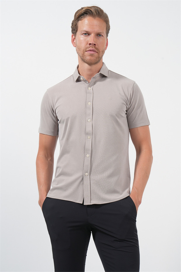 Beige Italian Collar Short Sleeve Pocketless Slim Fit Flexible Shirt 1004260159