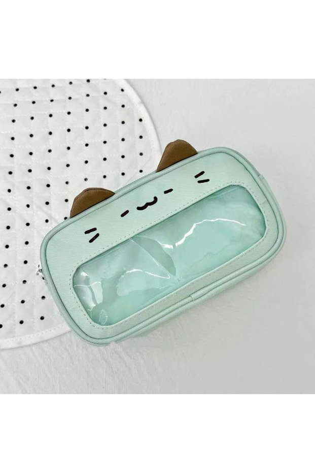 B Cute Polka Dot Cat Ear Clear Window Pencil Case Large Capacity Student School Stationery Bag Porta