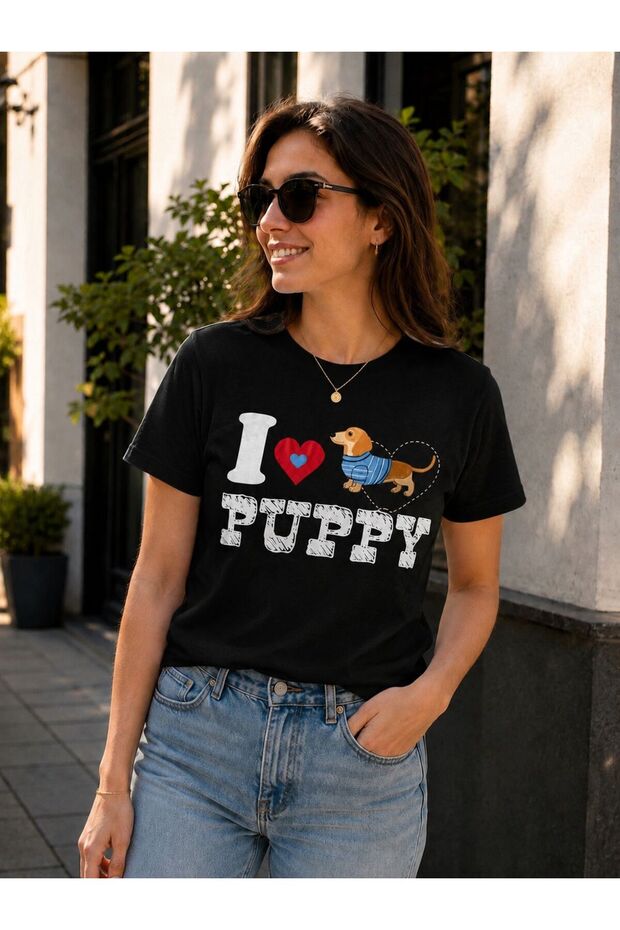 Women's Basic Puppy Digital Printed T-Shirt