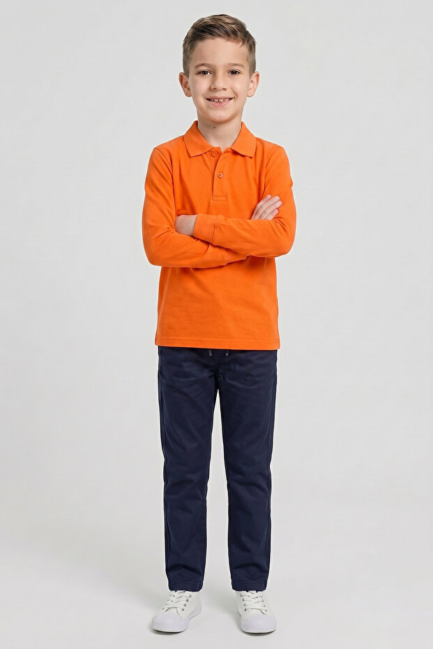 Boy's Orange Long Sleeve Polo Collar T-Shirt Navy Blue Ribbed Waist Canvas School Pants Bottom - Top Set School Outfit