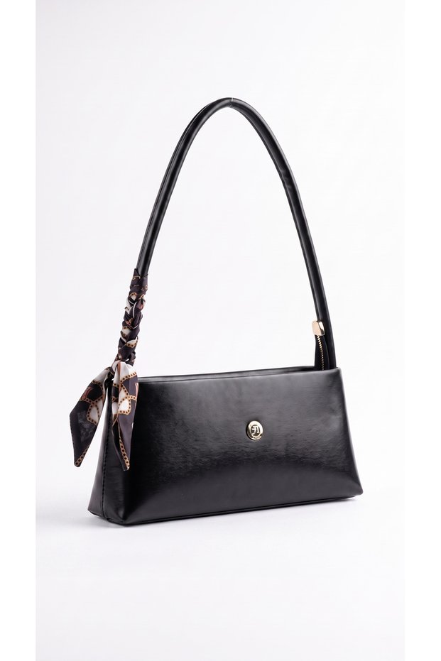 Women's Scarf Detailed Baguette and Shoulder Bag with Zipper Interior Compartment, Handbag and Clutch Bag