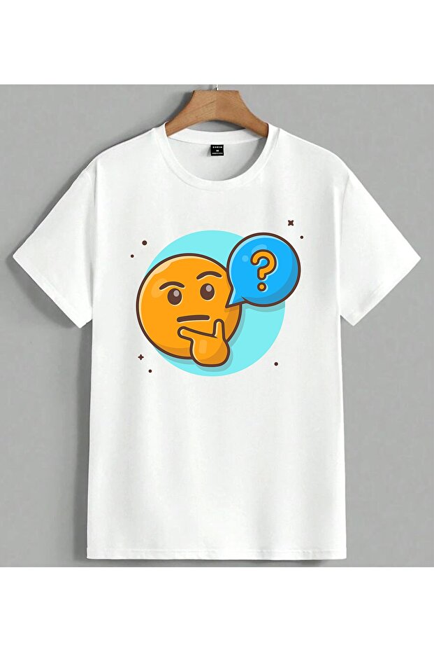 Question Mark Thinking Emoji Printed Unisex Oversize T-Shirt White