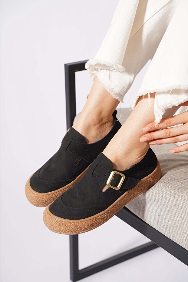Solaser women's black nubuck leather shoes with side buckle strap
